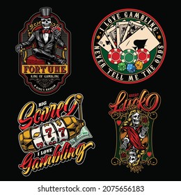 Casino vintage emblems with royal flush of spades poker hand dice gambling chips slot machine dollar bill skeleton gambler in tuxedo skeleton queen for playing cards isolated vector illustration