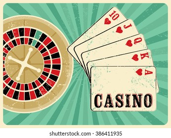 Casino vintage grunge style poster with playing cards and roulette. Retro vector illustration.