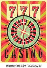 Casino vintage grunge style poster with roulette. Retro vector illustration.