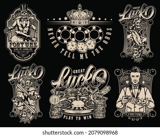 Casino vintage labels with gambling chips crown dice gold coins roulette wheel skeleton gambler croupier shuffles playing cards skeleton king and queen for playing cards isolated vector illustration