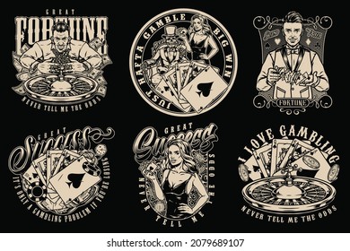 Casino vintage labels with lucky man with money and gambling chips royal flush of spades poker hands skeleton gambler in tuxedo dice coins pretty poker girl croupier isolated vector illustration