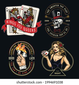 Casino vintage labels set with skeleton king and queen playing cards skull smoking cigar in top hat walking canes hand holding burning ace of spades pretty poker lady isolated vector illustration