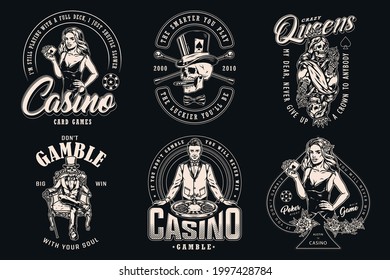 Casino vintage logos with walking canes roulette wheel skeleton queen holding rose pretty women with poker cards skull smoking cigar in top hat skeleton gambler in tuxedo isolated vector illustration