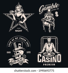 Casino vintage logotypes with inscriptions croupier skull smoking cigar in top hat attractive woman holding royal flush of hearts playing cards skeleton gambler in tuxedo isolated vector illustration