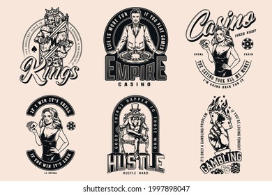 Casino vintage monochrome badges with croupier pretty woman with royal flush of hearts skeleton gambler in tuxedo hand holding burning ace of spades card skeleton king isolated vector illustration