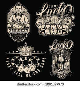 Casino vintage monochrome prints with crown dice gambling chips coins slot machine dollar bills skeleton jack with dagger smiling croupier shuffles playing cards isolated vector illustration