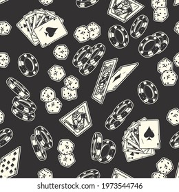 Casino vintage monochrome seamless pattern with falling dice poker chips and playing cards on dark background vector illustration