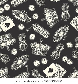 Casino vintage monochrome seamless pattern with playing cards dice roulette wheel royal crown elegant dollar sign slot machine with triple seven jackpot vector illustration