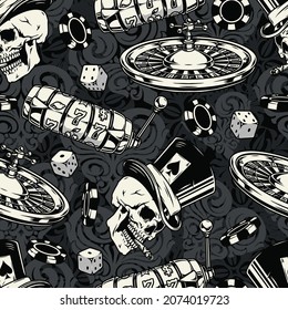 Casino vintage monochrome seamless pattern with dice gambling chips roulette wheel slot machine skull in top hat smoking cigar vector illustration