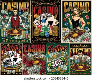 Casino vintage posters with croupier pretty poker lady lucky gambler roulette wheel dice dollar bills gambling chips slot machine gold coins skull in crown royal flush poker hand vector illustration