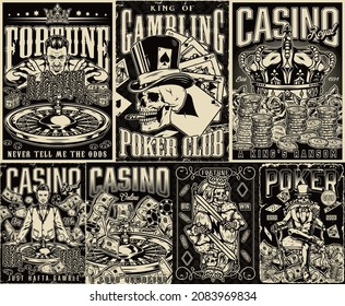 Casino vintage posters with skeleton king of diamonds and gambler in tuxedo skull smoking cigar in top hat coins crown dollar bills croupier gambler roulette wheel gambling chips vector illustration