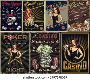 Casino vintage posters with skull smoking cigar in top hat skeleton hand with dollar bills roulette wheel gambling chips slot machine dice pretty women holding playing cards vector illustration