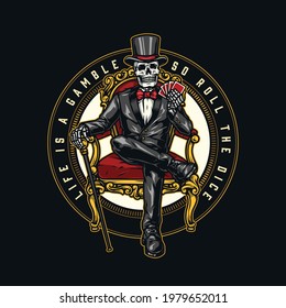 Casino vintage round colorful emblem with skeleton gambler in tuxedo and top hat sitting on throne and holding playing cards isolated vector illustration