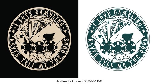 Casino vintage round print in monochrome style with inscriptions royal flush of spades poker hand gambling chips and dice isolated vector illustration