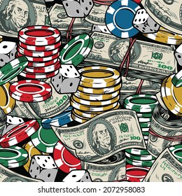 Casino vintage seamless pattern with colorful gambling chips dice stacks and rolls of dollar banknotes vector illustration