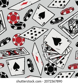 Patrón sin fisuras de casinos con fichas de juegos de azar riachuelo real de espadas de póquer mano caída cartas de juego ilustración vectorial