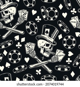 Casino vintage seamless pattern in monochrome style with casino chips card suits skull in top hat smoking cigar crossed skeleton hands with royal flush of spades poker combination vector illustration