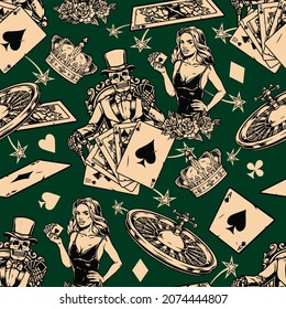 Casino vintage seamless pattern with roulette wheels crowns stars flowers royal flush of spades poker hand skeleton gambler in tuxedo and pretty lady in dress with playing cards vector illustration