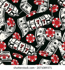 Casino vintage seamless pattern with slot machines falling dollar banknotes and red gambling chips on dark background vector illustration