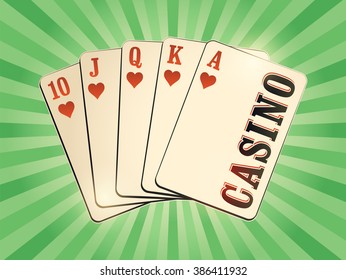 Casino vintage style poster with playing cards. Retro vector illustration.