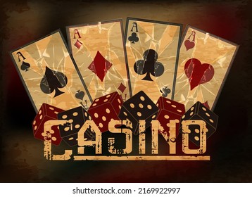 Casino wallpaper with dice and poker cards, vector illustration