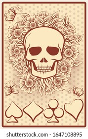 Casino wallpaper with skull and poker cards, vector illustration