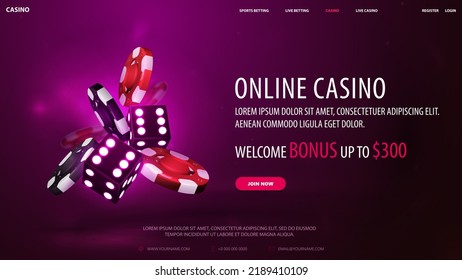 Casino web banner with purple neon 3D dice with red and black realistic gambling stack of casino chips on purple background