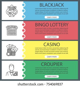 Casino web banner templates set. Blackjack, bingo lottery, casino, croupier. Website color menu items with linear icons. Vector headers design concepts