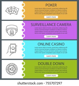 Casino web banner templates set. Double down, online casino, surveillance camera, poker game. Website color menu items with linear icons. Vector headers design concepts