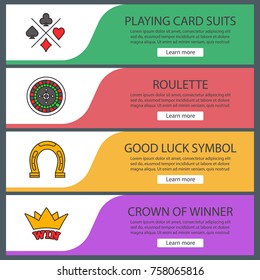 Casino web banner templates set. Playing cards suits, roulette, horseshoe, winner's crown. Website color menu items. Vector headers design concepts
