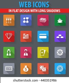 Casino web icons in flat design with long shadows