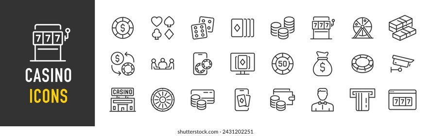 Casino web icons in line style. Playing card, casino, win, roulette, poker chips, card suit, mobile casino. Vector illustration.