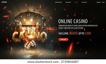 Casino website with a logo surrounded by a slot machine, dice, cards and chips with fire sparks around