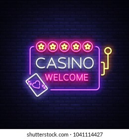 Casino welcome logo in neon style. Design template. Neon sign, light banner, night neon billboard, bright light advertising gambling, casino, poker, slot machines. Vector illustration