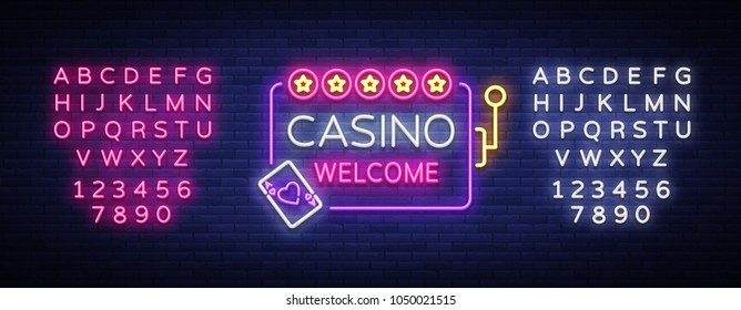 Casino welcome logo in neon style. Design template. Neon sign, light banner, neon billboard bright light advertising gambling, casino, poker, slot machines. Vector illustration. Editing text neon sign