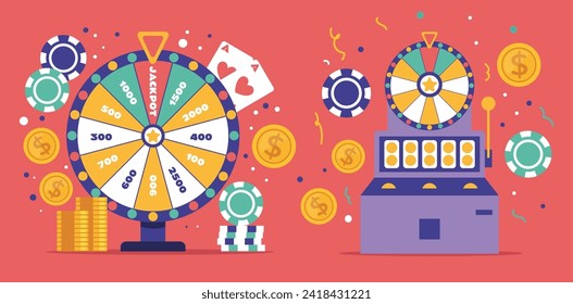 Casino wheel lucky number game fortune spinning jackpot roulette concept. Vector graphic design element illustration