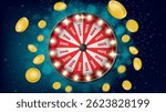 Casino wheel spin with flying coin - luck game device. Red and white sectors with prize amounts, glossy metallic frame, winning chance spinner surrounded by floating glowing gold chips or money.