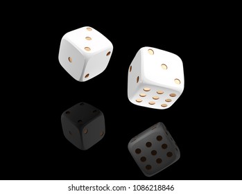 Casino white dice on black background with reflection. Online casino dice gambling concept isolated on black. 3d dice vector illustration.