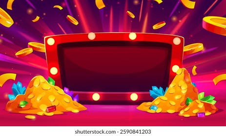 Casino win banner with empty frame and money. Vector cartoon illustration of gambling success background, blank board with light bulbs, piles of gold and gemstones, confetti in air, online betting app