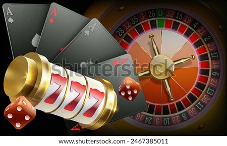   Casino win concept. Slot Machine , сards, craps and roulette.Winning combination numbers of lucky three sevens jackpot. Casino advertising template. Vector gambling illustration.