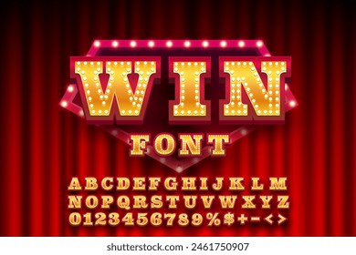 Casino winner golden font, color red. English alphabet and numbers sign. Vector illustration