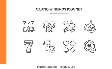 Casino Winnings Icons. Set of 8 minimal linear icons including Jackpot, Dice, Poker Chips, and Playing Cards. Design elements for web, apps, and gambling graphics. Vector illustration.