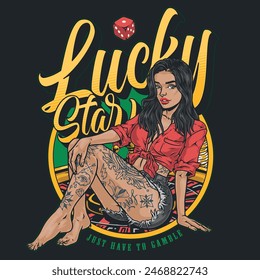 Casino woman colorful vintage flyer with lucky star inscription near tattooed lady sitting on roulette table vector illustration