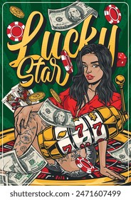 Casino woman colorful vintage flyer with cute lucky star near fragment of slot machine and roulette table vector illustration