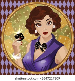 Casino woman with dice , art deco card, vector illustration