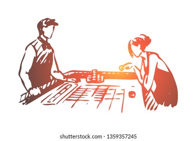 Casino, woman, game, poker, gamble concept. Hand drawn woman play poker in casino concept sketch. Isolated vector illustration.