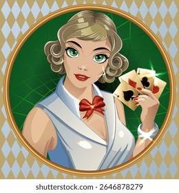 Mulher de casino com cartões Poker Aces , cartão art deco, ilustração vetorial