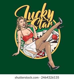 Casino woman vintage poster colorful with playing cards and gambling chips near lady and lucky star lettering vector illustration