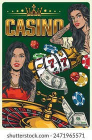 Casino women vintage poster colorful with women standing near gambling equipment and slot machines from Vegas vector illustration