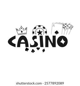 Casino word featuring with gambling elements. Vector illustration. Crown, poker chips, playing cards, dice. Gaming and entertainment industries concept.